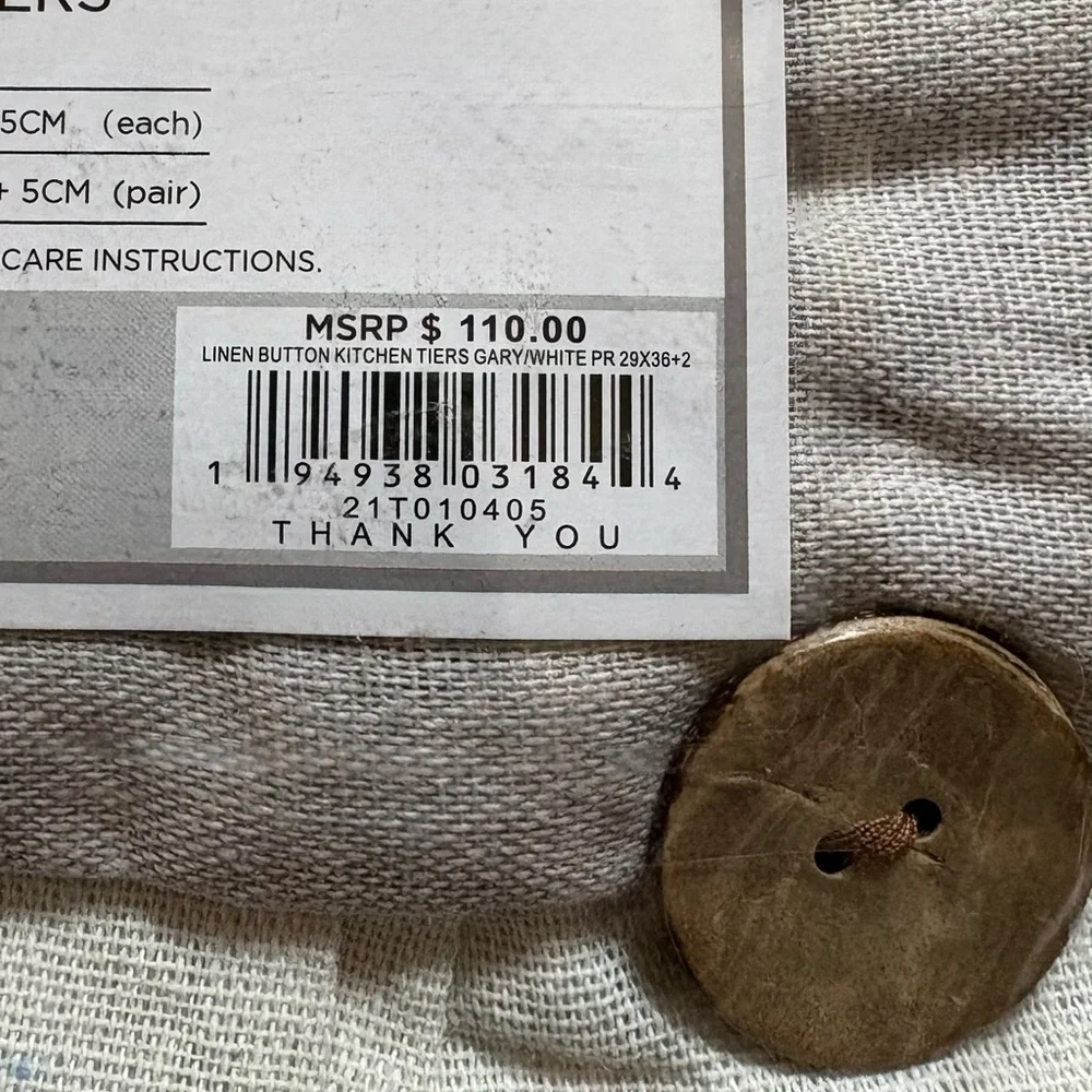 NWT Lush Decor, Linen Button Farmhouse Tier Curtain Set, Taupe and White